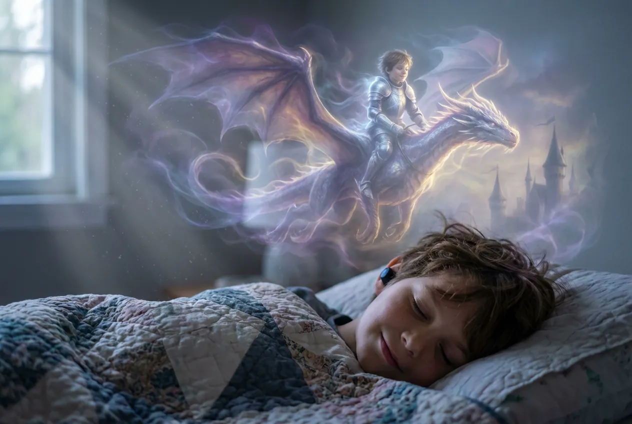 Child peacefully sleeping with dragon story character